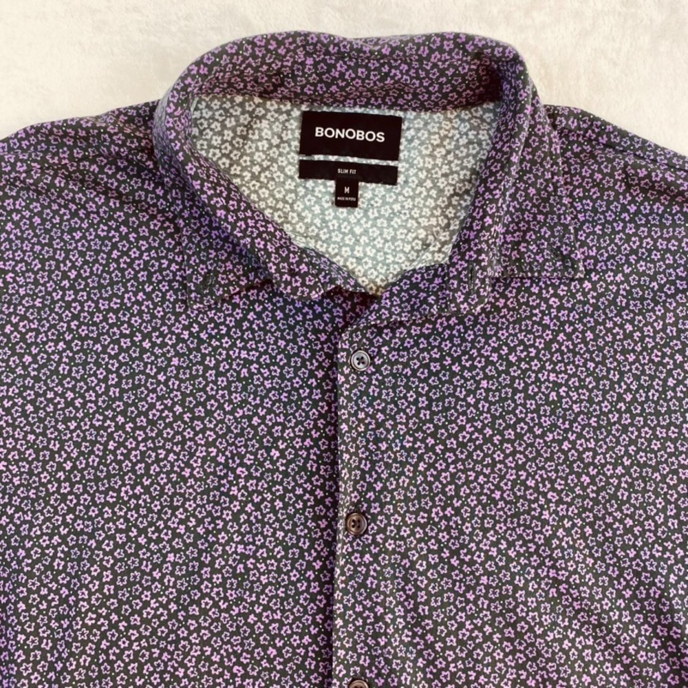 Bonobos Shirt Sz M Purple Floral All Over Print Short Sleeve Slim Pima Cotton
